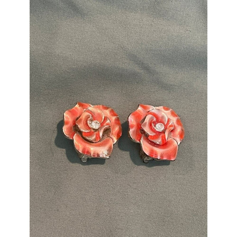 Vintage Red Enamel Rose Clip-On Earrings with Rhinestone Center